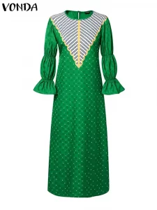 VONDA Elegant Dress Women Long Puff Sleeve Maxi Sundress 2024 Bohemian Printed Vintage Casual Loose Bandage Party Vestido Robe - Image 4