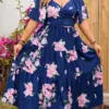 Plus Size Summer Flower Floral Print Long Dress Women V-Neck Backless Fashion Ruffle Pleated Ladies Dresses Loose Woman Dress