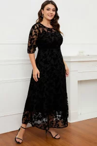 Plus Size Short Sleeve Maxi Dress Women Black Lace Flocking Mesh Velvet Double Layer Long Formal Dress Elegant Party Dress - Image 2