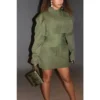 Plus Size Business Casual Dress Olive Green Ruffled Shirtdress Long Sleeve Mini Dress - Image 3