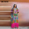 CM.YAYA Women Printed Half Sleeve V-neck Tassel Hem Loose Maxi Dress 2023 Street Vintage Robe Long Dresses Vestidos - Image 2