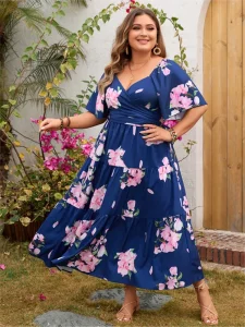 Plus Size Summer Flower Floral Print Long Dress Women V-Neck Backless Fashion Ruffle Pleated Ladies Dresses Loose Woman Dress - Image 2