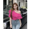 Blouses Women Pink Yellow Casual Summer Lady like Ruffles Design Streetwear New Korean Sweet Skew Collar Fashion All-match Solid - Image 4