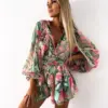 2024 Sexy Deep V Neck Jumpsuit For Women Summer Casual Boho Beach Vacation Outfit Fashion Print Lantern Sleeve Rompers Shorts