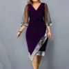 Plus Size Evening Party Dress for Women 2023 Elegant Sequin V Neck Mesh Sleeve Velvet Irregular Formal Occasion Dress Vestidos - Image 2