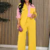 CM.YAYA Fashion Women's Set Long Sleeve Colorblocked Shirt and Wide Leg Straight Pants 2023 Two 2 Piece Sets Outfits Tracksuit