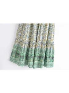 Vintage Chic Fashion Hippie Women Beach Bohemian Green Floral Print Pleasted Skirt Elastic Waist A-Line Boho Maxi Skirts Femme - Image 3