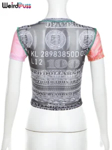 Weird Puss See Through Crop Tops Women Numeral Print Short Sleeve O-Neck Sexy Club Patchwork Streetwear Skinny Hot Girls Tees - Image 5