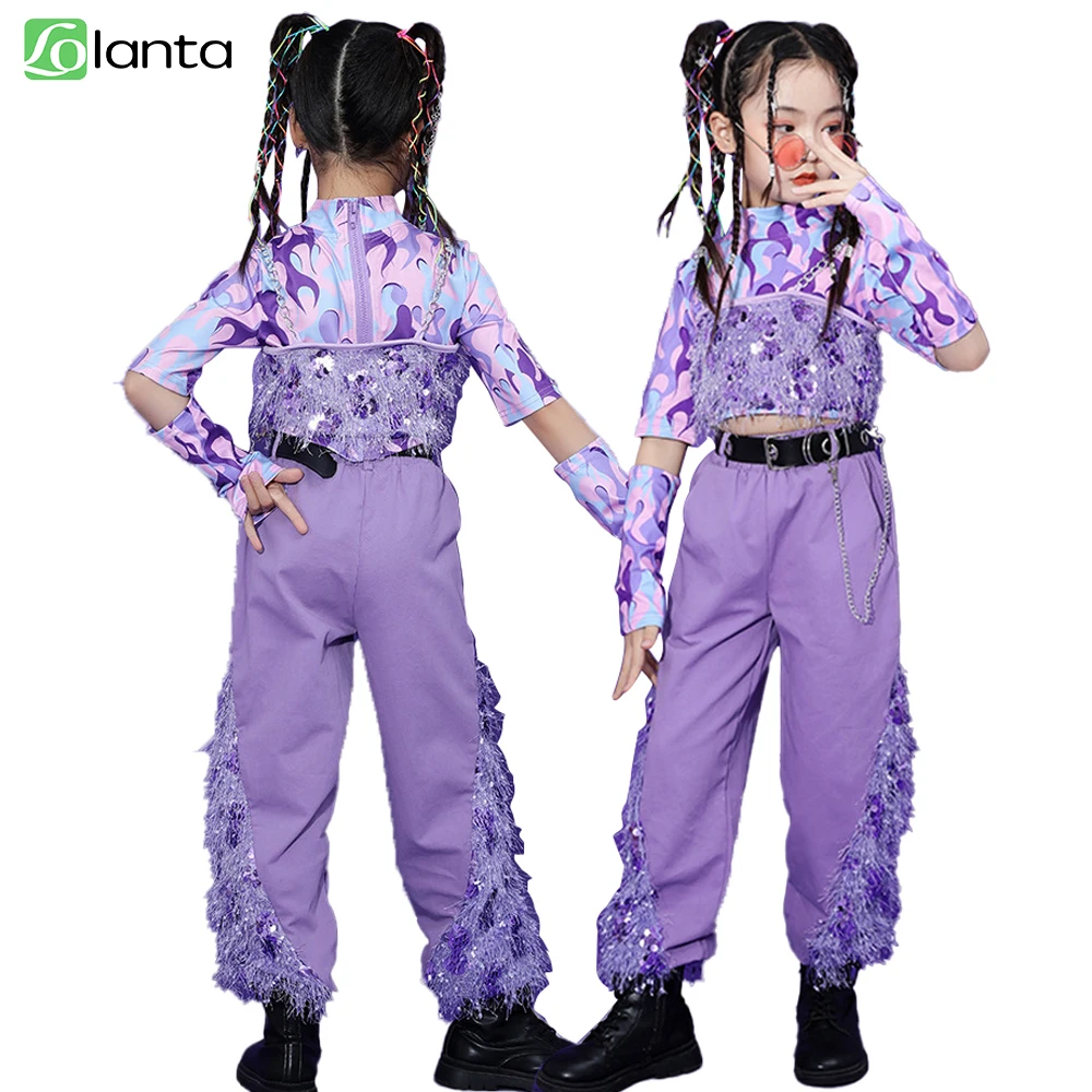 LOlanta Dance Costume for Kids Girl Top Pants Sequins Outfit Hip Hop Jazz Clothing Team Performance Set Purple 4-16 Years