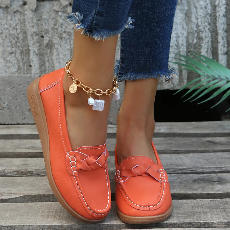 Summer Orange Leather Loafers Slip On Women Shallow Flats Shoes Spring Female Comfort Ladies Mother Flat Shoes Plus Size 43