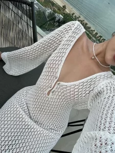 Tossy White Knit Fashion Cover up Maxi Dress Female See-Through V-Neck Hollow Out Beach Holiday Dress Knitwear Backless Dress - Image 6