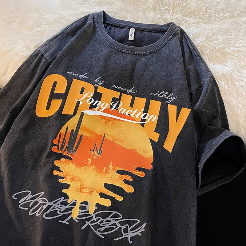 American short sleeved t-shirt men summer trendy brand loose large size washed old retro vintage half sleeves oversized t shirt - Image 5