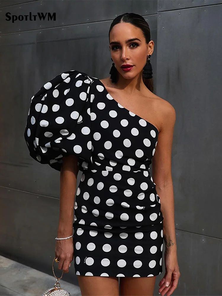 Elegant Slant Shoulder Polka Dot Dress Short Dress For Women Sexy Half Sleeve Backless Female Mini Dresses Street Party Vestidos