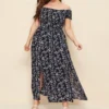Women Summer Plus Size Dress Chest Wrapped Short Sleeve Split Flowy Hem Off Shoulder Print Maxi Boho Dress Streetwear - Image 2