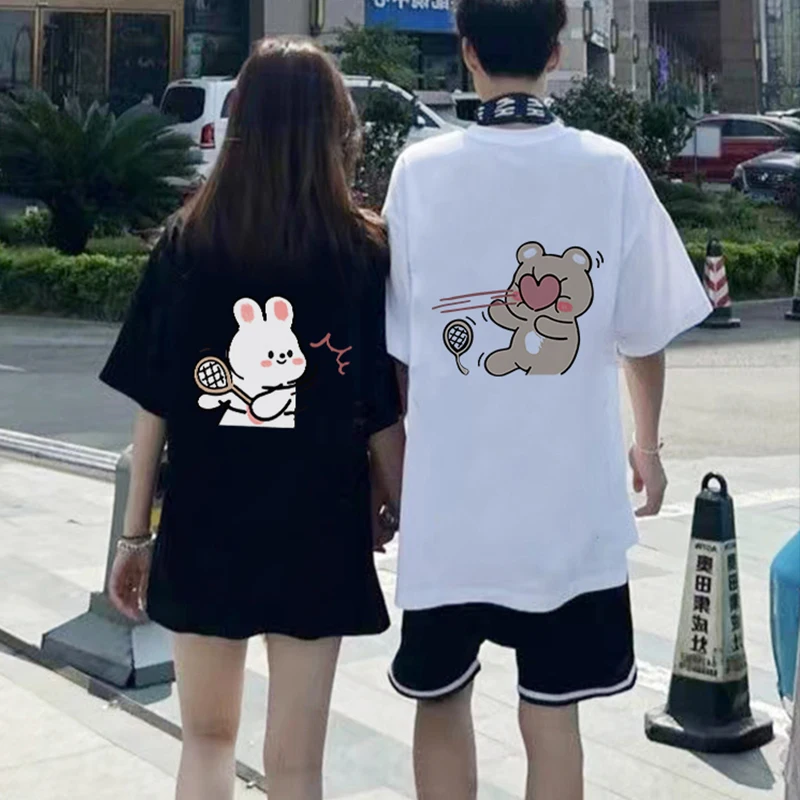A Paired Clothes Sports Bear Printing Couple T-Shirt 240g High Quality Cotton Summer Men Women Short Sleeve Tshirt Sets