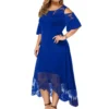 Plus Size Women Dress Flare Short Sleeve Cold Shoulder Embroidery Elegant Dress Party Lace Patchwork High-low Hem Dress Summer - Image 3