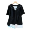 160Kg Plus Size Women's Bust 160 Summer Fake Two Piece Navy Neck Top Loose T-shirt Black 6XL 7XL 8XL 9XL 10XL - Image 6
