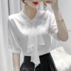 Female Commute Fashion Solid Color Chiffon Shirt Office Lady Simplicity All-match V-Neck Spliced Blouse Summer Women's Clothing - Image 2