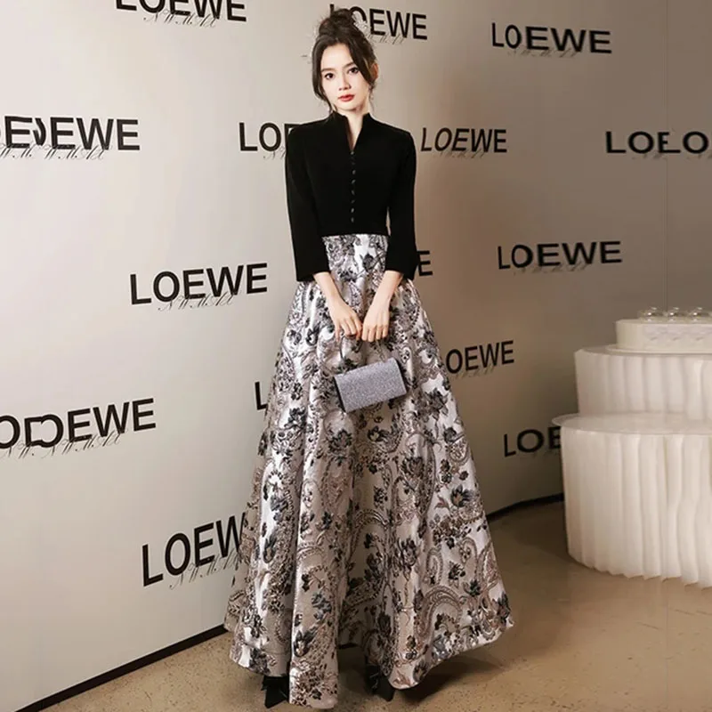 Luxury Velvet Satin Long Evening Dresses Elegant V-Neck Floor-Length Long Women Formal Gowns With Full Sleeves