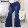 Plus Size High Waist Spliced Flared Jeans Mom 4XL Women Comfortable Elastic Tight Fringe Hem Wide Leg Trousers Women Bell Bottom - Image 4