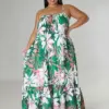 CM.YAYA Women Plus Size Autumn Spaghetti Strap Ruffles Hem Loose Maxi Long Floral Leaf Print Dresses Fashion Party Slim Dress