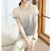 Korean Simple Loose O-neck Jacquard Ice Silk Short Sleeved T-shirt Women Contrasting Colors Diamond Screw Thread Summer Knit Top - Image 3