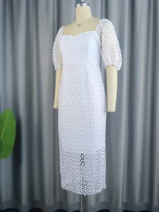 Women's Vintage White Lace Dress Chic Square Neck Puff Sleeve Summer Elegant Wedding Guest Cocktial Birthday Clothes XXXL - Image 4