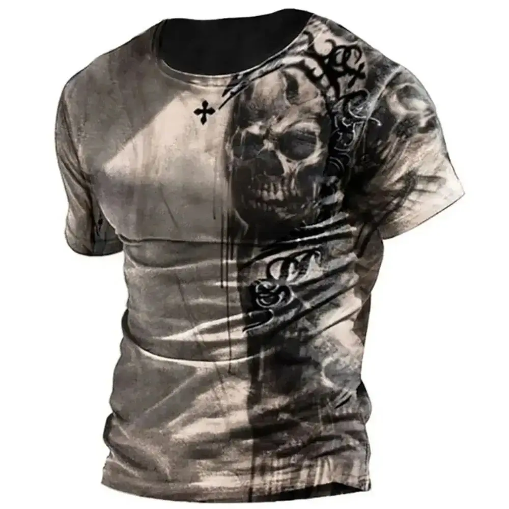 Summer Men Retro Horror Skull Pattern Fashion Hd Print O Neck Short Sleeve T-Shirt Fun Plus Size Loose Comfortable Top Clothing