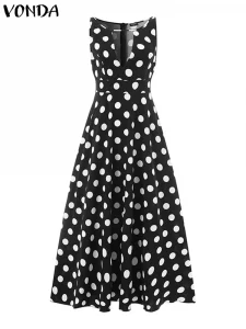 VONDA Bohemian Sundress 2024 Summer Women Polka Dot Maxi V Neck Hollow Sleeveless Sexy Dress Casual Elegant Party Robe Femme - Image 5