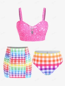 ROSEGAL Plus Size Padded Plaid Three Piece Swimwear Women Tankini Top,Briefs And Skirt Fashion High Waist Beachwear Bathing Suit - Image 3