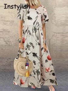 Vintage Boho Floral Print Maxi Dress Short Sleeve O Neck Cotton and Linen Loose Oversize Long Dress Summer Party Sundress Robe - Image 2