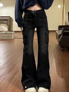 High Street Office Lady Black Flare Jeans Slim Bell Bottoms Gyaru Fashion Denim Trousers Multiple Pockets 2000s American Retro - Image 4