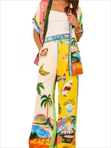 Women Holiday Casual Printed Coconut Trees Short Sleeve Shirt Blouse Top Loose Long Pants 2 Piece Set Summer Beach Outfits Suit - Image 6