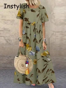 Vintage Boho Floral Print Maxi Dress Short Sleeve O Neck Cotton and Linen Loose Oversize Long Dress Summer Party Sundress Robe - Image 4