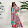 Autumn Loose Pleat Swing Boho Maxi Dresses Lady Vintage Pattern Print Beach Vestidos Women Sexy Deep V Neck Long Party Dress - Image 3