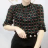 2024 Spring Autumn Commute Half High Collar Plaid Fashion Printed T-shirt Patchwork Female Clothing Long Sleeve Gauze Pullovers - Image 3