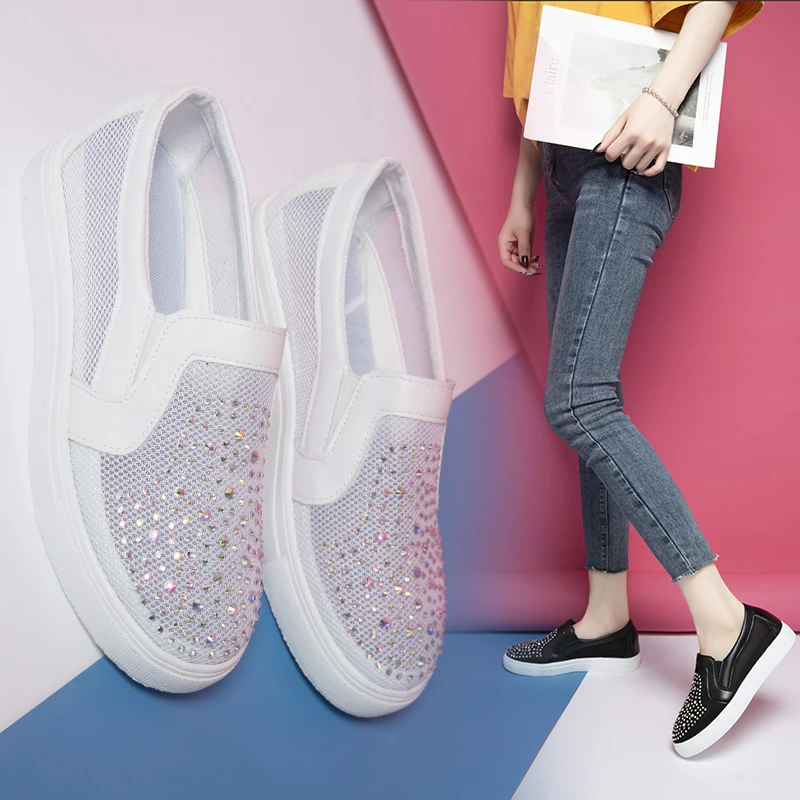 Sneakers Shoes Woman Spring Summer 2023 Vulcanized Flat Tennis Womens Loafers Running Casual Slip-on Comfortable Mesh Rhinestone