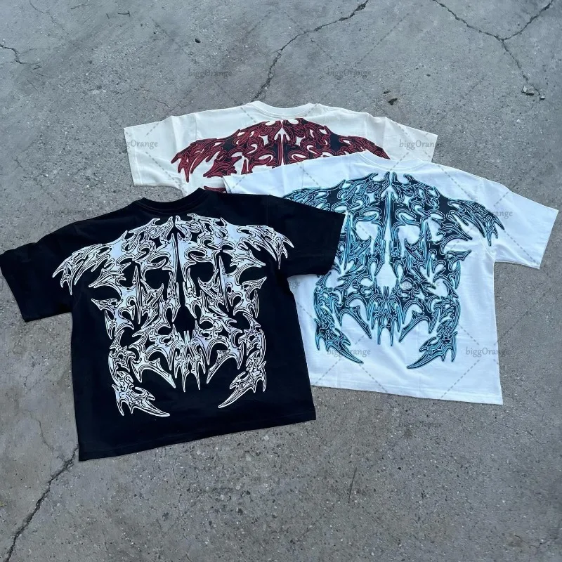 Retro High Street American Oversized Short-sleeved Gothic Black Pattern Printed Trendy Clothing Men Fashion Loose Casual T-shirt