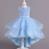 Glitter Sequin Hi-Lo Child Flower Girl Dresses Birthday Tulle Sleeveless Bow Starry Princess Kids Wedding Party Formal Gown
