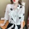 Fashion Lapel Loose Bandage Bow Polka Dot Shirt Women's Clothing 2023 Summer New Oversized Casual Tops Half Sleeve Korean Blouse - Image 5