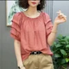 Women's Ruffled Solid Color Simple Casual Blouse Summer Fashion Round Neck Short Sleeve Shirt Loose Pullover Tops Blusas Mujer - Image 5