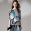 Colorful butterfly printed pleated short top gray T-shirt for women chinese style clothes dress sleeves for women - Image 5