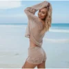 2023 New Sexy Beach Crop Top Shorts Sets Women Knit Long Sleeve Lace Up Female Suit Summer Holiday See Through 2 Piece Set - Image 2