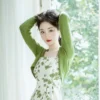 Women Summer Chic Green Dress 2023 Korean Lady Graceful Print Camisole Dress Knit Shirt 2 Piece Set Sunscreen Tops Dresses Suits - Image 6