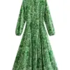 Green Print Long Dress Women Pleated Shirt Dress Woman Long Sleeve Maxi Dresses for Women 2023 Summer Collar Female Dress