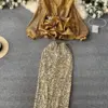 Sexy Club Luxury Sequined 2 Pieces Set Women V Neck Lantern Sleeve Belt Ruffles Shirt Top Elastic Waist Bodycon Skirt Suit