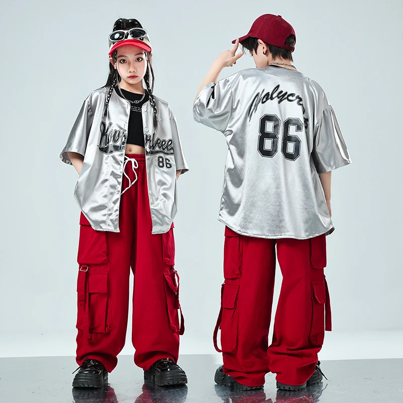 Girls Silver Short Sleeve Shirt Hip Hop Joggers Boys Ballroom Street Dance Costumes Kids Streetwear Child Jazz Punk Clothes Sets