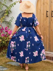 Plus Size Summer Flower Floral Print Long Dress Women V-Neck Backless Fashion Ruffle Pleated Ladies Dresses Loose Woman Dress - Image 6