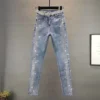 Spring Autumn Streetwear Women Vintage Blue Slim Diamonds High Waisted Jeans Ankle-length Denim Pants Trousers 5XL - Image 3