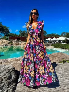 2023 New Ruffle Sleeveless Printed Skirt Ladies V Neck Elegant Long Dress Waist Slimming Temperament Robe - Image 3